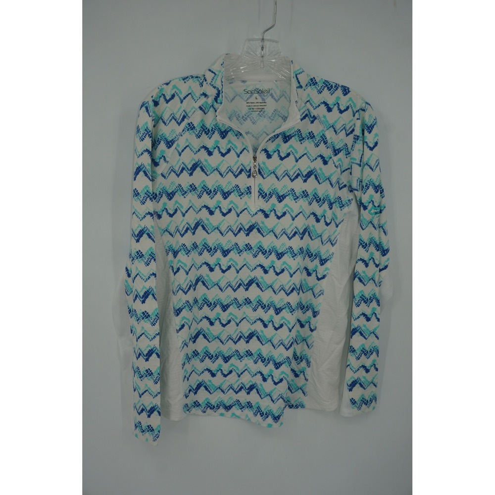 SanSoleil Womens SolCool UV 50+ Cooling Quarter Zip Top Blue Chevron Print L
